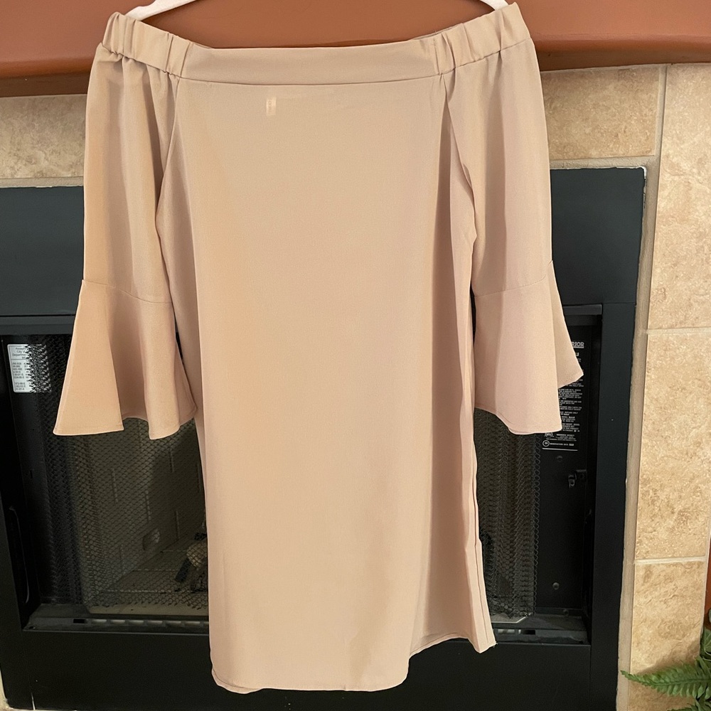 AVAILABLE TAN OFF-SHOULDER DRESS - Picture 4 of 5